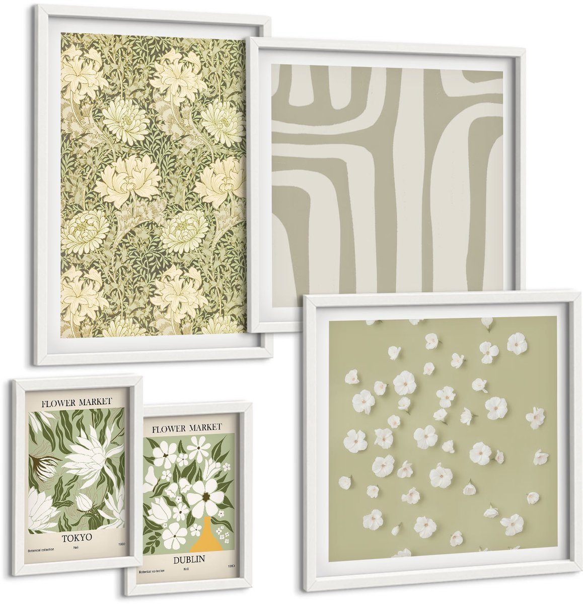 Coloray 5-Delige Schilderij Set - Plantenmotieven In Boho-Stijl Met Bloemenaccenten - 50 x 50 cm, 20 x 30 cm En 40 x 60 cm - Muurdecoratie - Wanddecoratie - Hal - Decoratieve Schilderijen