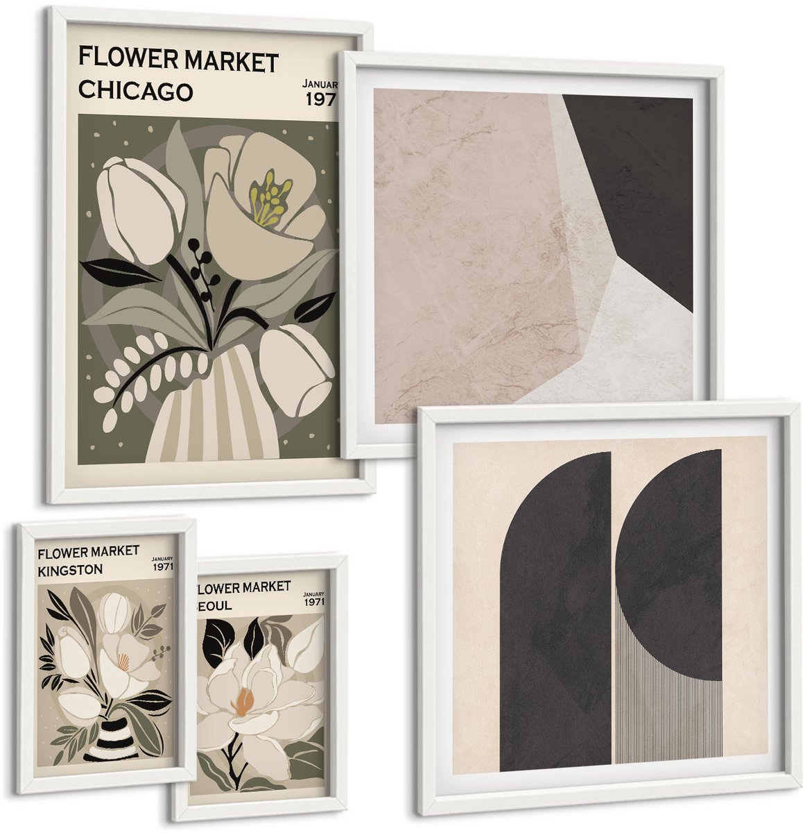Coloray 5-Delige Schilderij Set - Stijlvolle Composities Met Bloemen- En Geometrische Motieven. - 50 x 50 cm, 20 x 30 cm En 40 x 60 cm - Wanddecoratie - Moderne Interieurdecoratie - Stijlvolle Muurdecoratie
