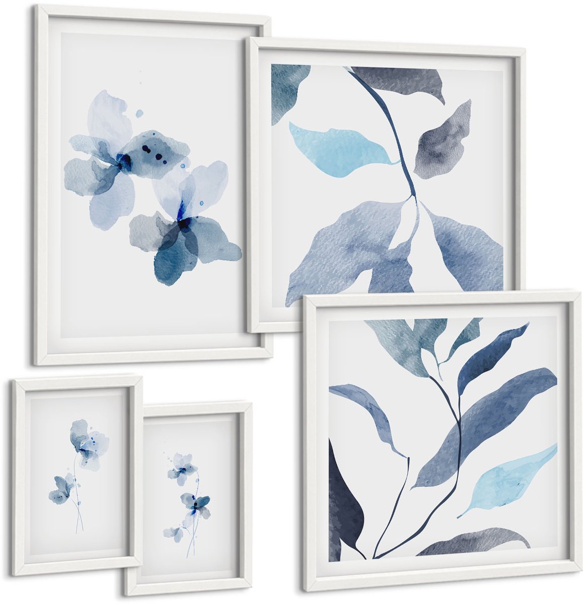 Coloray 5-Delige Schilderij Set - Stijlvolle Aquarelbloemen En -Bladeren In Blauwe Tinten - 50 x 50 cm, 20 x 30 cm En 40 x 60 cm - Muurdecoratie - Wanddecoratie - Hal - Moderne Wanddecoratie