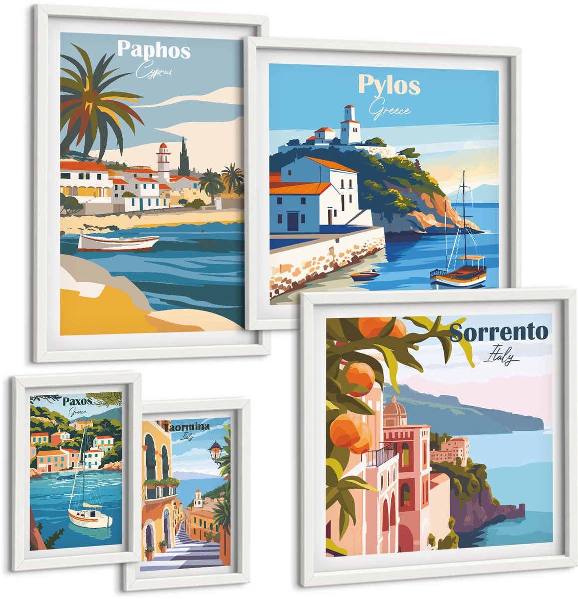 Coloray 5-Delige Schilderij Set - Kustlandschappen Met Charmante Europese Stadjes - 50 x 50 cm, 20 x 30 cm En 40 x 60 cm - Decoratieve Schilderijen - Woonkamer - Interieur - Woonkamer Decoratie