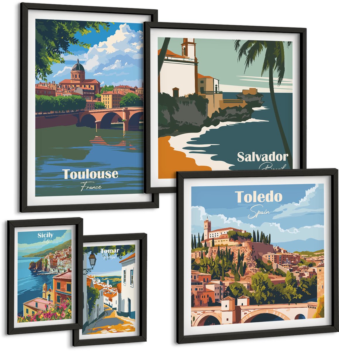 Coloray 5-Delige Schilderij Set - Schilderachtige Uitzichten En Landschappen Van Europese Steden - 50 x 50 cm, 20 x 30 cm En 40 x 60 cm - Stijlvolle Muurdecoratie - Slaapkamer - Moderne Wanddecoratie Zwarte lijst