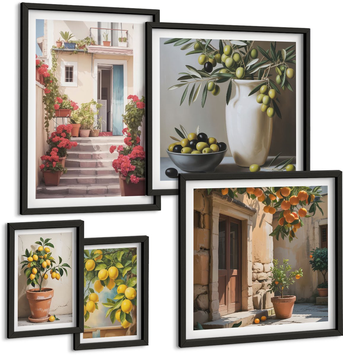 Coloray 5-Delige Schilderij Set - Sfeervolle Beelden Van Mediterrane Straten Met Citroenen - 50 x 50 cm, 20 x 30 cm En 40 x 60 cm - Moderne Wanddecoratie - Woonkamer - Decoratieve Schilderijen Zwarte lijst