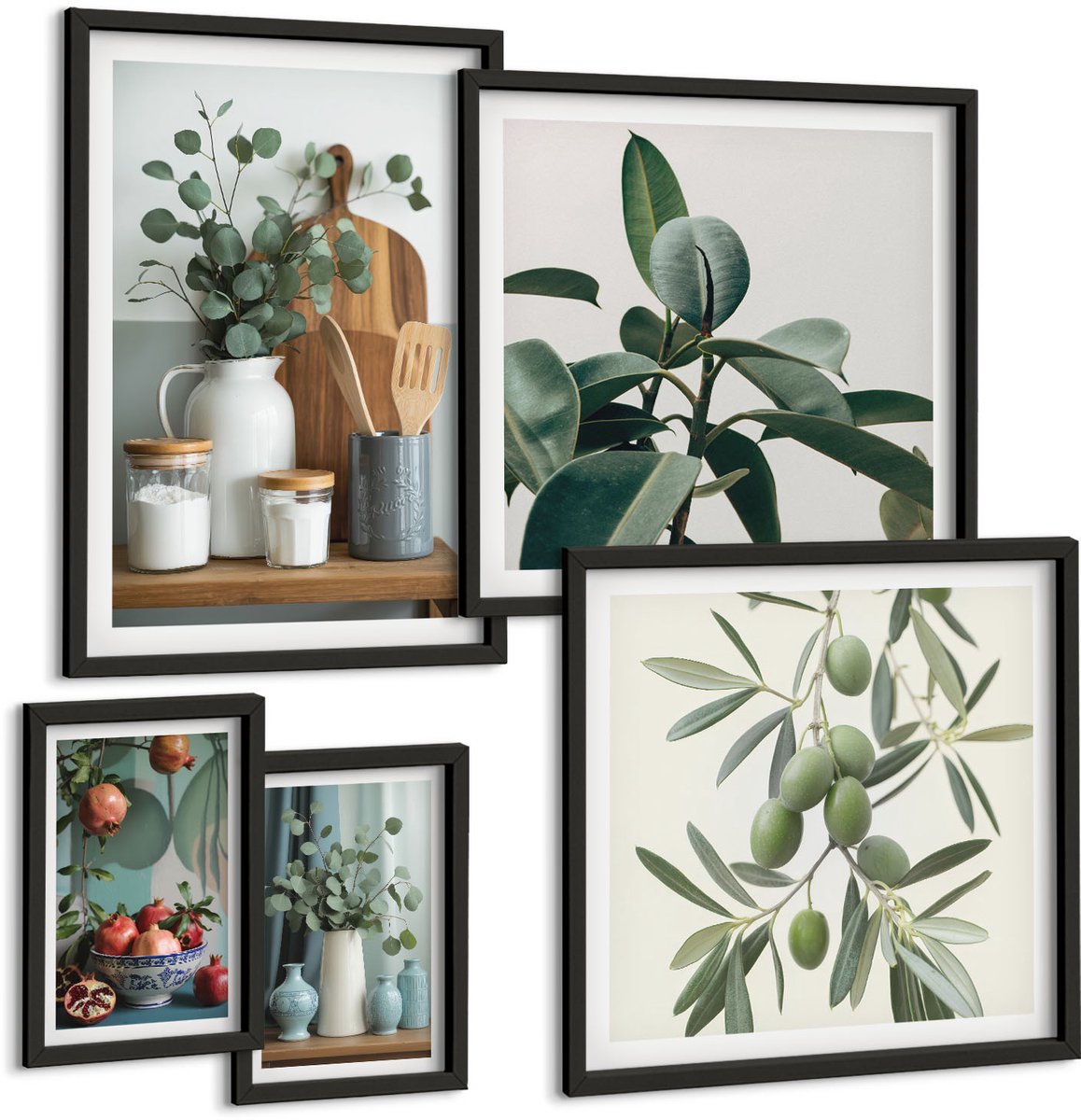 Coloray 5-Delige Schilderij Set - Natuurlijke Accenten In Scandinavische Stijl Met Planten - 50 x 50 cm, 20 x 30 cm En 40 x 60 cm - Stijlvolle Wanddecoratie - Interieur Zwarte lijst