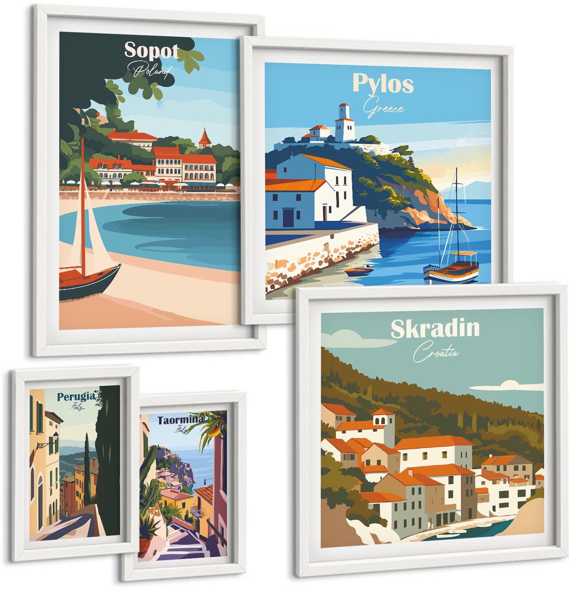 Coloray 5-Delige Schilderij Set - Landschappen Van Kustplaatsen In Retro- En Vakantiestijl - 50 x 50 cm, 20 x 30 cm En 40 x 60 cm - Muurdecoratie - Schilderijen Set - Woonkamer - Moderne Wanddecoratie