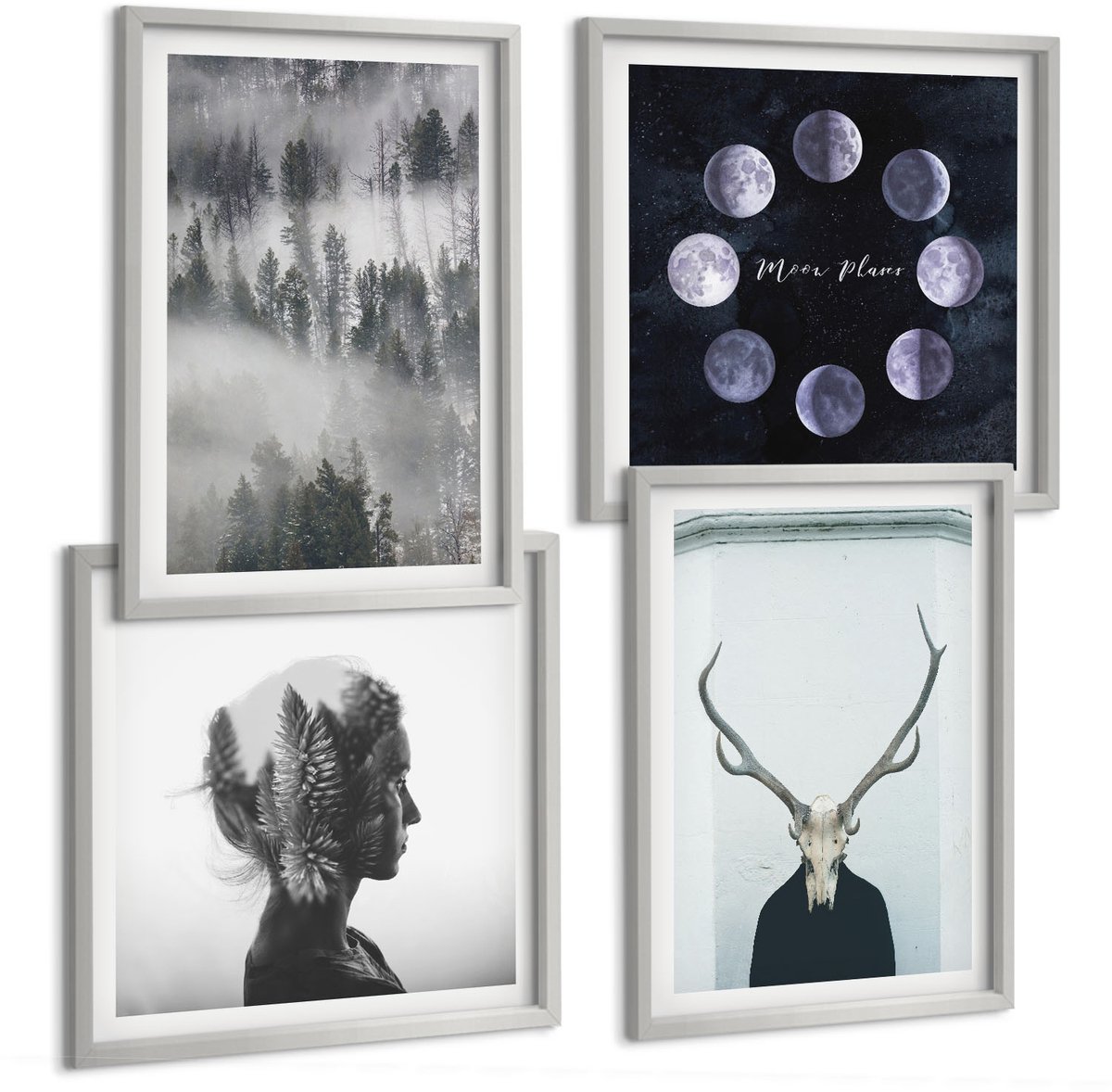 Coloray 4-Delige Schilderij Set - Bos In De Mist Maanfasen Hertenschedel Vrouw - 40 x 40 cm En 40 x 60 cm - Muurdecoratie - Interieur Decoratie - Decoratieve Schilderijen