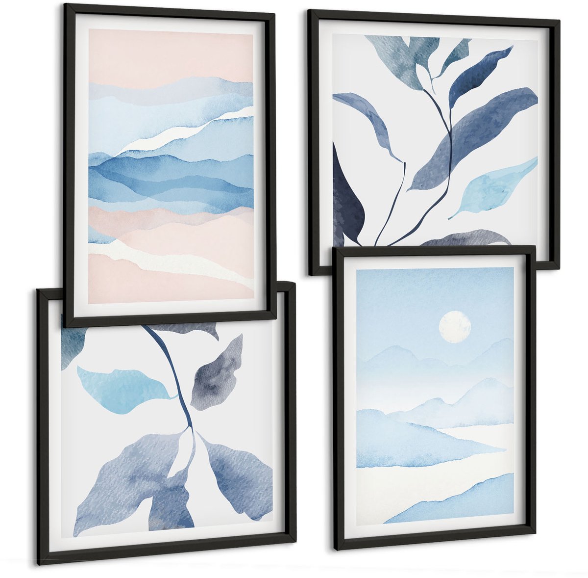 Coloray 4-Delige Schilderij Set - Verfijnde Berglandschappen Met Planten In Aquarel. - 40 x 40 cm En 40 x 60 cm - Stijlvolle Muurdecoratie - Slaapkamer Zwarte lijst