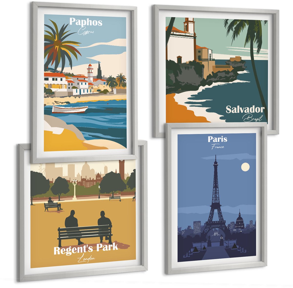 Coloray 4-Delige Schilderij Set - Uitzichten Op Kuststeden En Hun Architectuur - 40 x 40 cm En 40 x 60 cm - Wanddecoratie - Schilderijen Set - Kantoor - Decoratieve Schilderijen