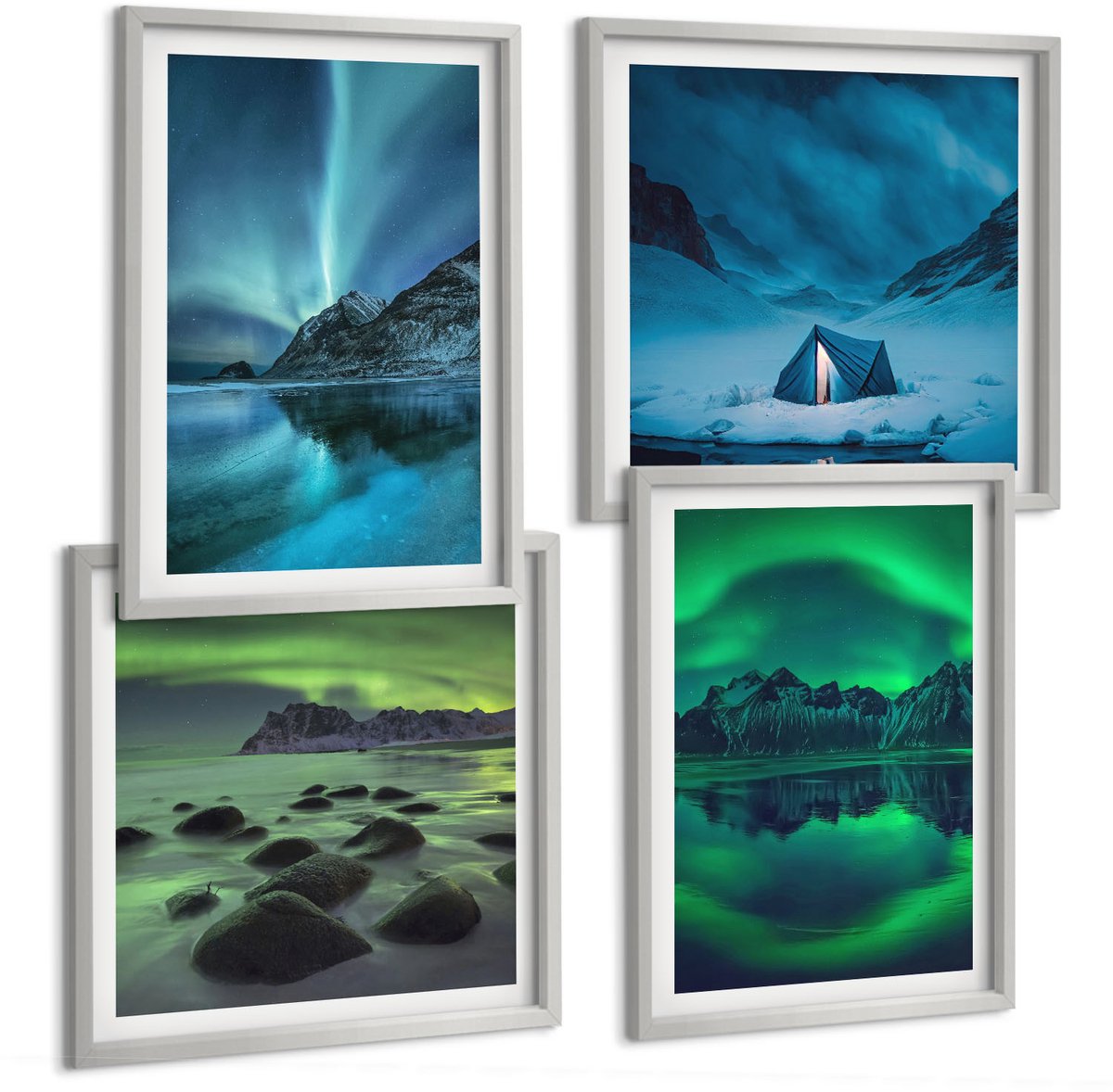 Coloray 4-Delige Schilderij Set - Winterlandschap Met Noorderlicht En Bergen - 40 x 40 cm En 40 x 60 cm - Wanddecoratie - Muurdecoratie - Woonkamer - Stijlvolle Muurdecoratie
