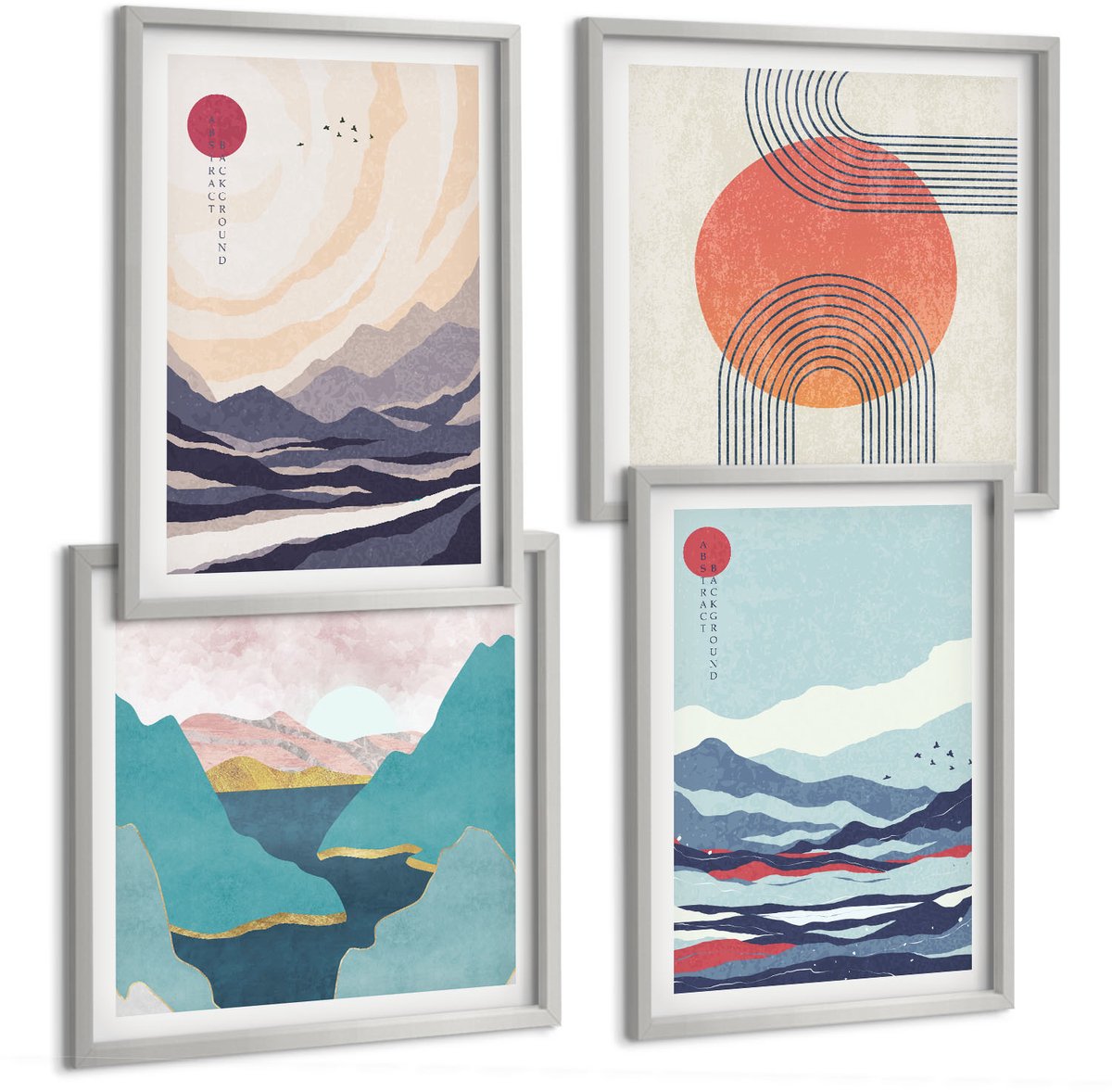 Coloray 4-Delige Schilderij Set - Japanse Abstracte Berglandschappen - 40 x 40 cm En 40 x 60 cm - Decoratieve Schilderijen - Wanddecoratie - Hal - Stijlvolle Muurdecoratie