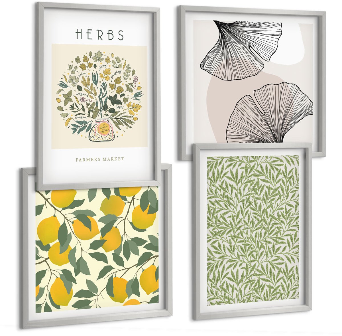 Coloray 4-Delige Schilderij Set - Citroenmotieven Met Kruiden En Plantenbladeren - 40 x 40 cm En 40 x 60 cm - Wanddecoratie - Moderne Interieurdecoratie - Muurdecoratie