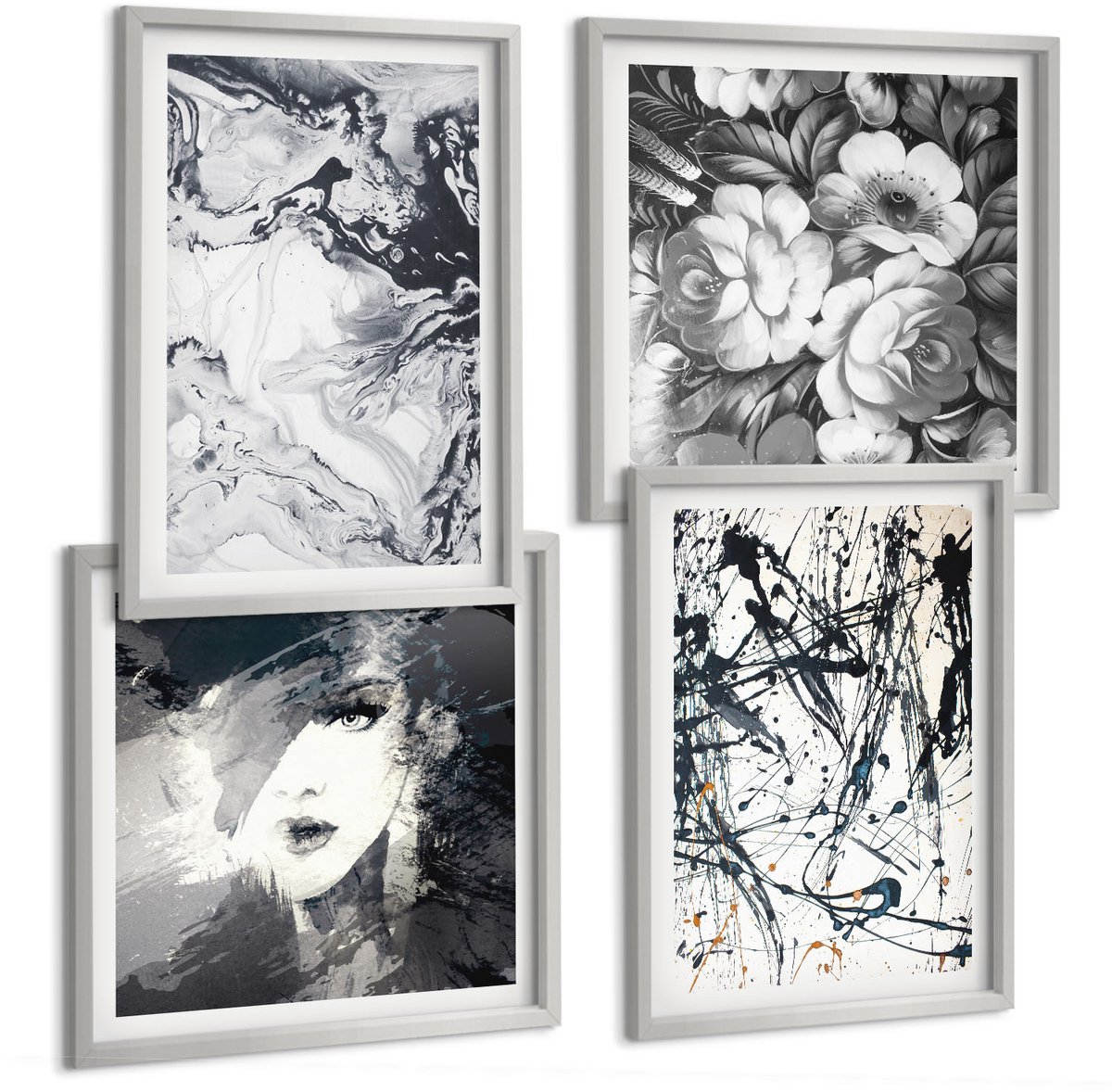 Coloray 4-Delige Schilderij Set - Abstracte Patronen In Zwart-Wit Tinten - 40 x 40 cm En 40 x 60 cm - Muurdecoratie - Schilderijen Set - Woonkamer - Decoratieve Schilderijen