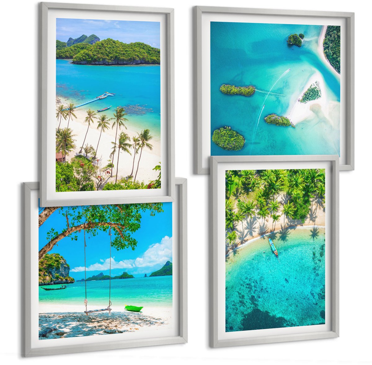 Coloray 4-Delige Schilderij Set - Tropische Stranden Met Palmbomen En Kristalhelder Water. - 40 x 40 cm En 40 x 60 cm - Moderne Wanddecoratie - Slaapkamer