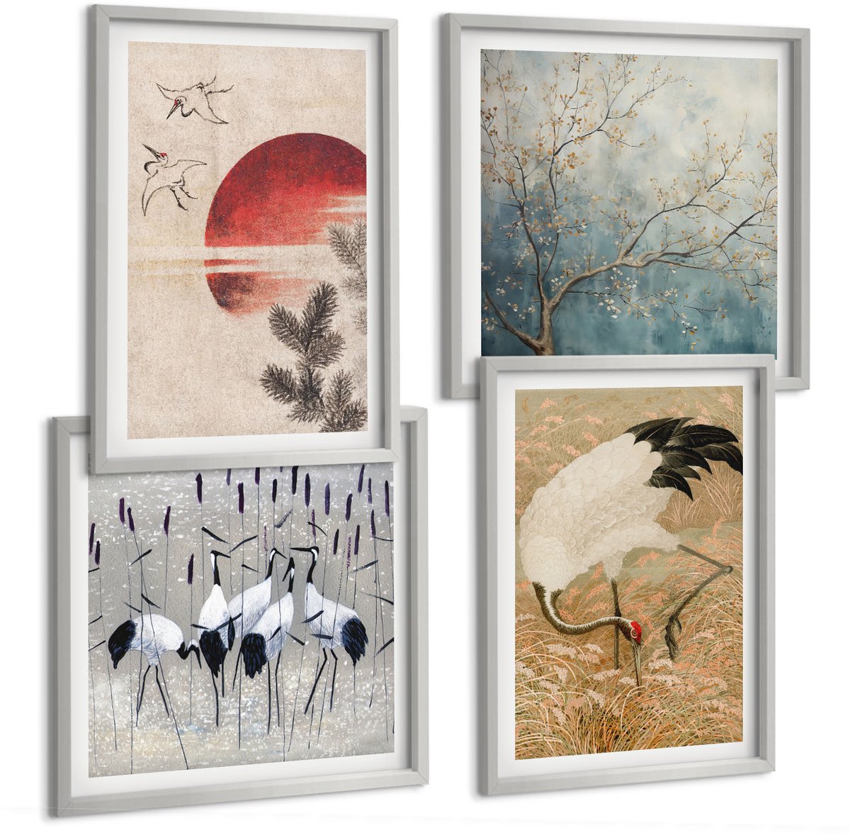 Coloray 4-Delige Schilderij Set - Illustraties Van Japanse Kraanvogels Japandi Landschap - 40 x 40 cm En 40 x 60 cm - Decoratieve Muurdecoratie - Slaapkamer - Moderne Wanddecoratie