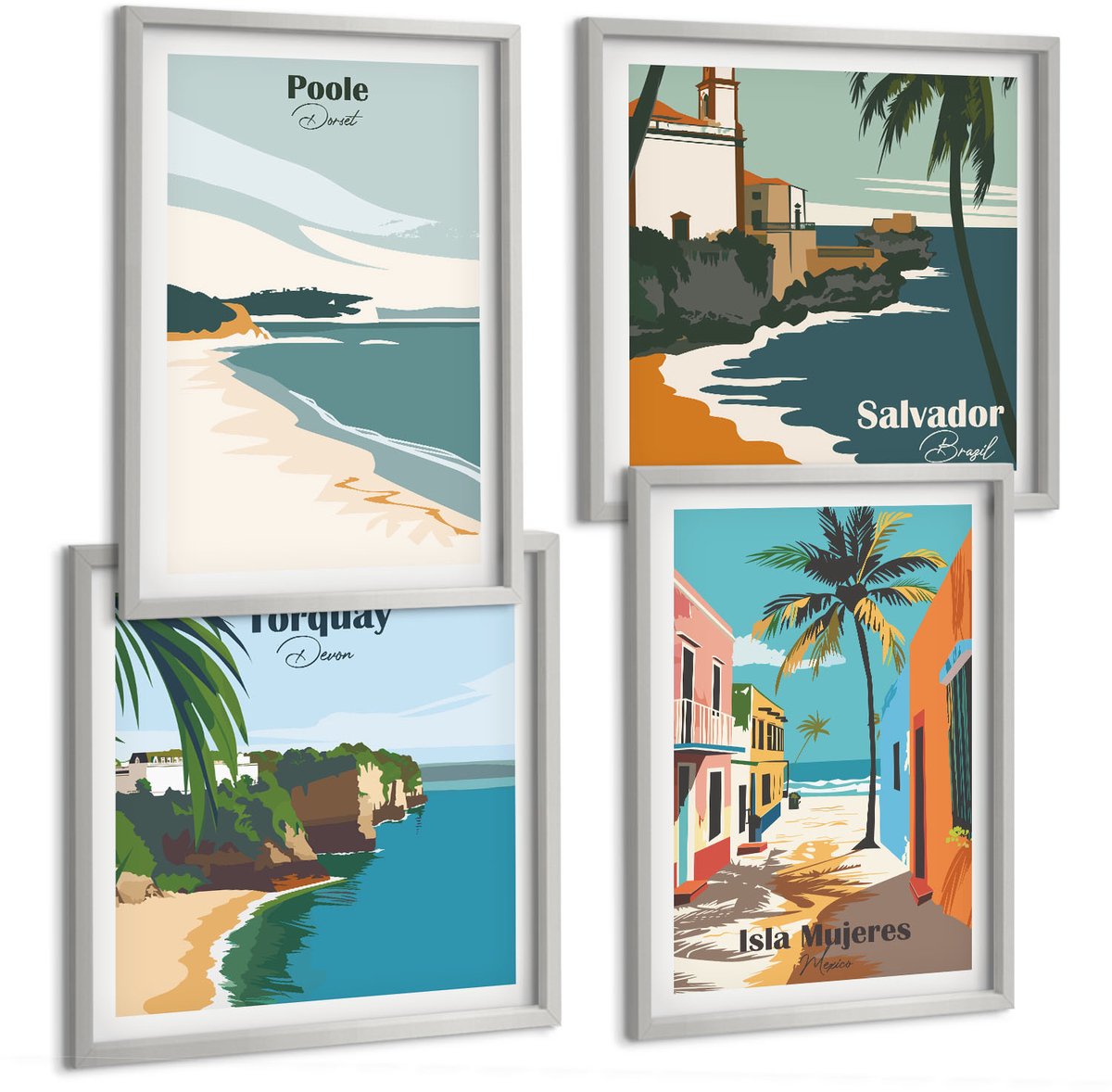 Coloray 4-Delige Schilderij Set - Tropische Landschappen Met Stranden En Palmbomen - 40 x 40 cm En 40 x 60 cm - Decoratieve Schilderijen - Wanddecoratie - Hal - Moderne Wanddecoratie