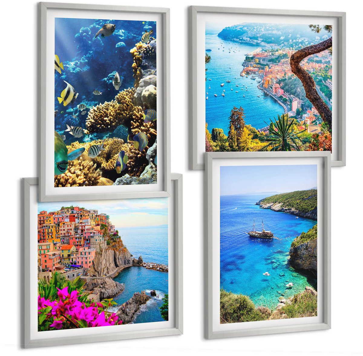 Coloray 4-Delige Schilderij Set - Uitzicht Op Zee Met Kleurrijke Huizen En Een Koraalrif. - 40 x 40 cm En 40 x 60 cm - Decoratieve Schilderijen - Wanddecoratie - Hal - Moderne Wanddecoratie