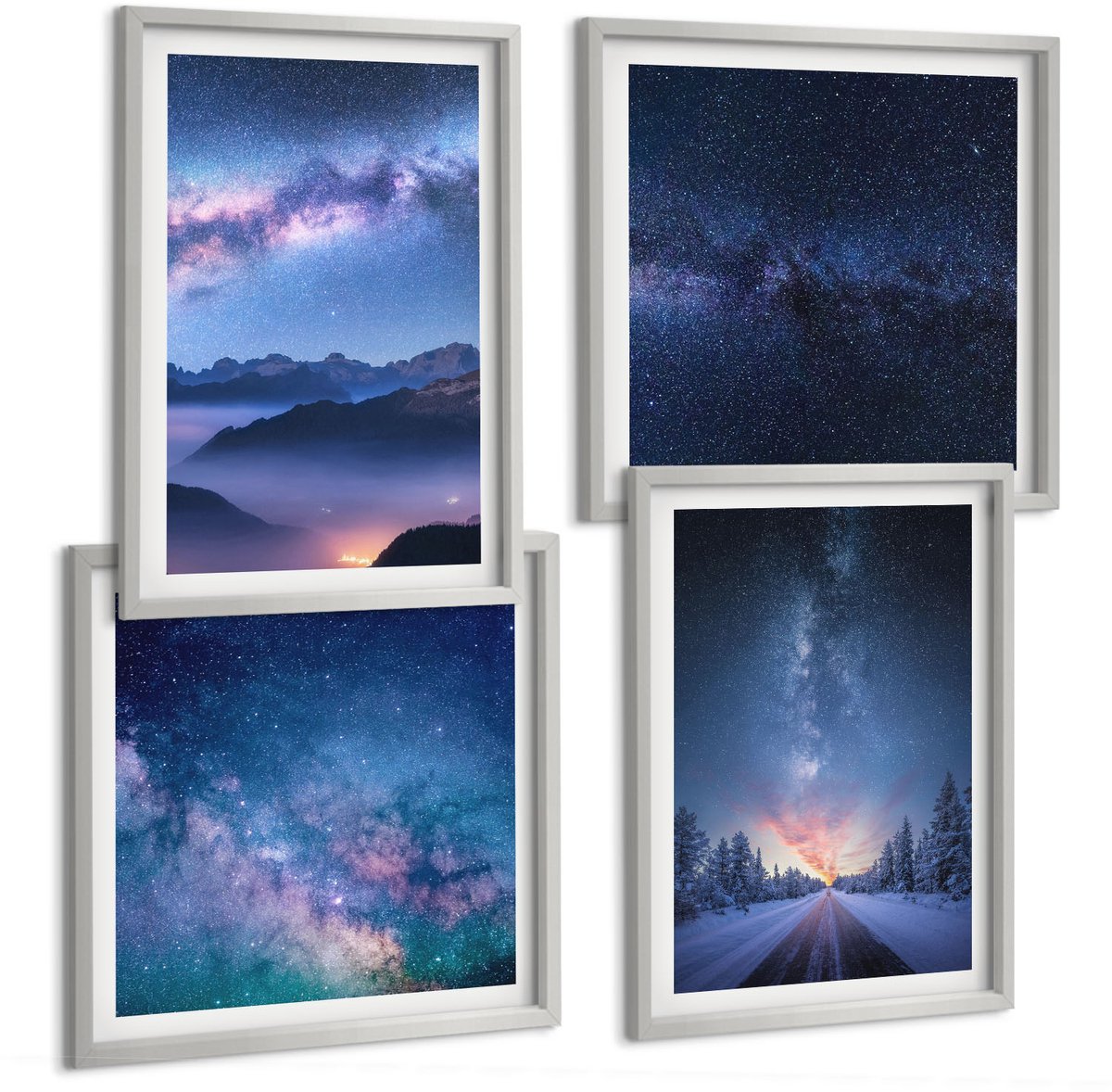 Coloray 4-Delige Schilderij Set - Nachtelijke Hemel, Bergen, Kloof, Ruimte En Winterlandschap - 40 x 40 cm En 40 x 60 cm - Moderne Wanddecoratie - Woonkamer - Interieur Decoratie