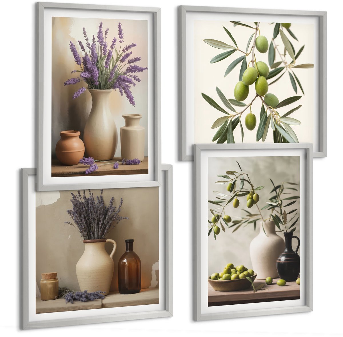 Coloray 4-Delige Schilderij Set - Bloemen In Vazen, Olijven En Natuurlijke Decoraties. - 40 x 40 cm En 40 x 60 cm - Muurdecoratie - Schilderijen Set - Woonkamer - Woonkamer Decoratie