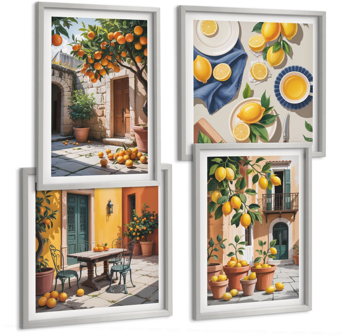 Coloray 4-Delige Schilderij Set - Citrusvruchten In Een Zonnige Tuinscène - 40 x 40 cm En 40 x 60 cm - Muurdecoratie - Wanddecoratie - Slaapkamer - Decoratieve Schilderijen