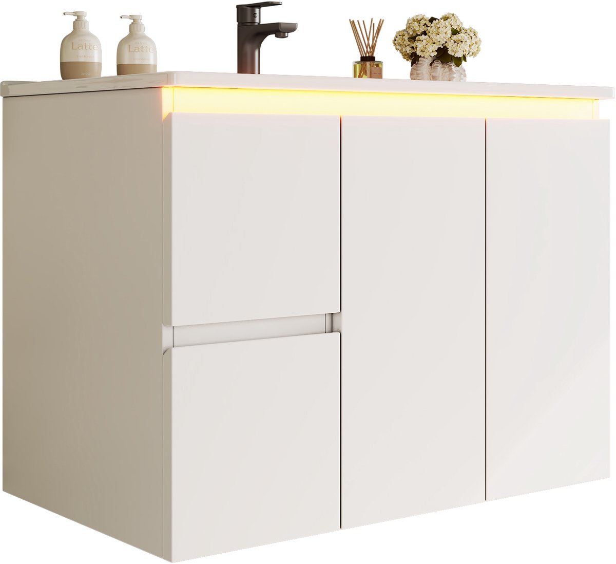 Zwevend Badkamermeubel Wit - Wastafelmeubel Met Led Verlichting - Badkamermeubel 76 cm - 76x47x57cm - Radar Sensor - Badkamer Wit