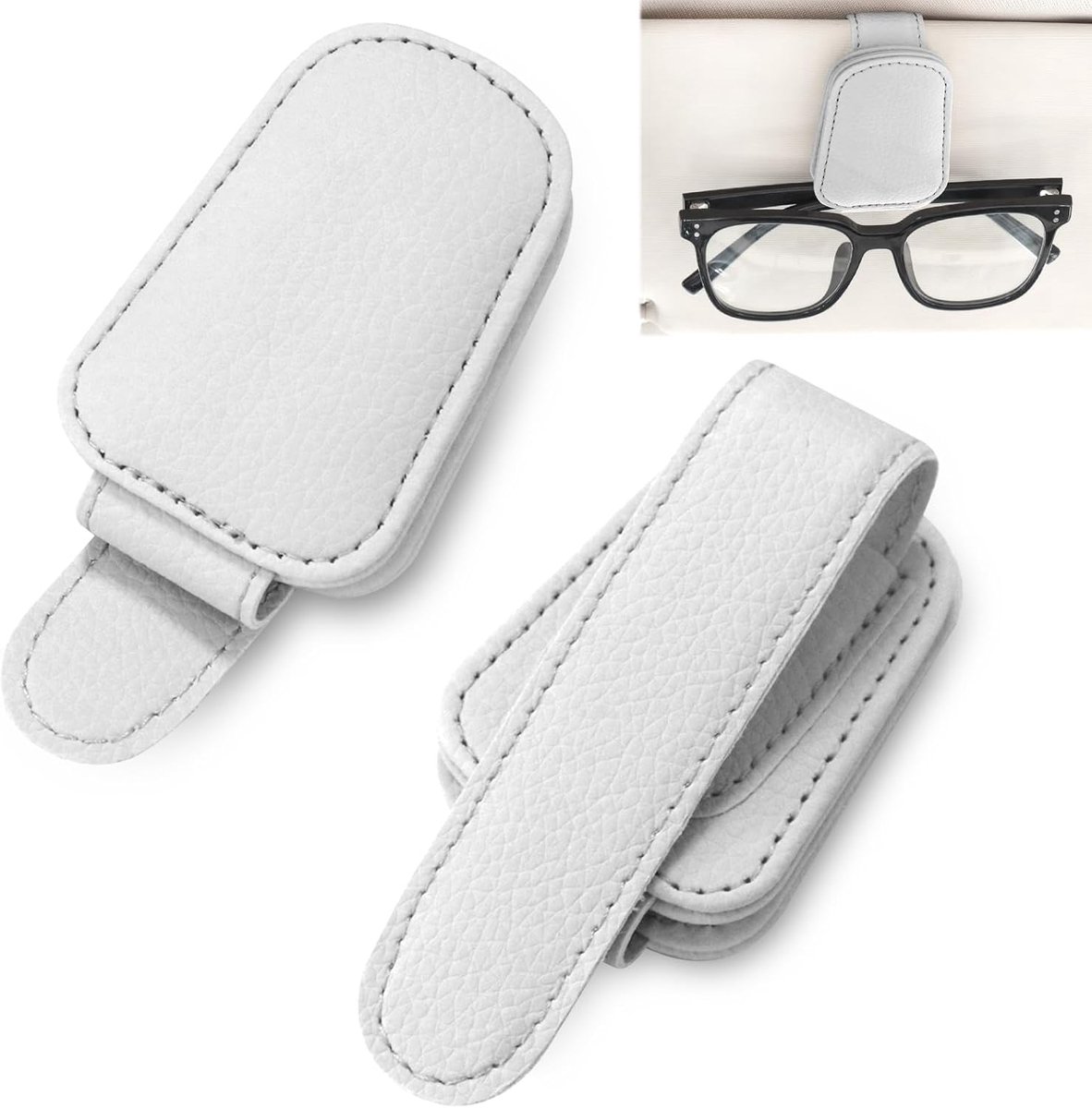 2 stuks brillenhouders voor autozonneklep, magnetische zonnebrilhouder auto, lederen brillenstandaard voor auto, zonneklep, zonnebrilhouder auto voor bril, kaart ticket - grijs