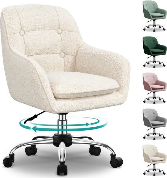 Hiaonyx Bureaustoel-Ergonomische bureaustoel-bureaustoelen voor volwassenen-Dubbel gelaagd zitkussen-360 graden draaibaar-Metalen onderstel-Wit