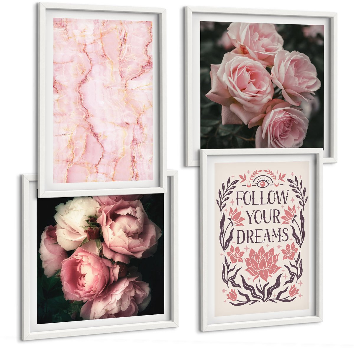 Coloray 4-Delige Schilderij Set - Vintage Rozen Marmeren Inscriptie Over Dromen - 40 x 40 En 40 x 60 - Muurdecoratie - Interieur Decoratie - Woonkamer Decoratie