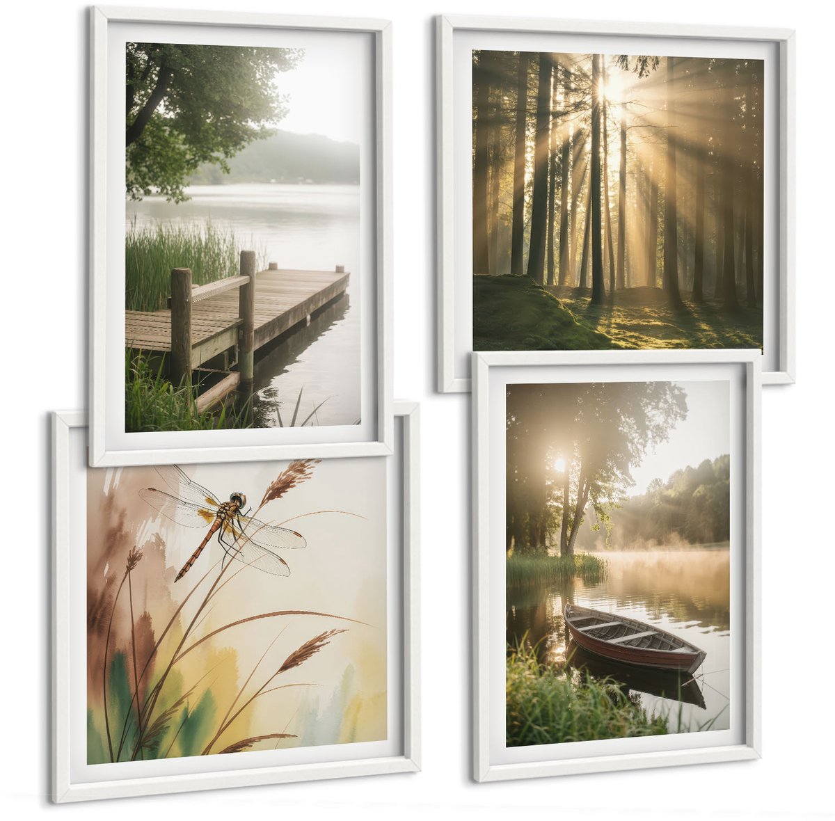 Coloray 4-Delige Schilderij Set - Rustig Meer, Bos En Boot In De Ochtendmist - 40 x 40 En 40 x 60 - Decoratieve Muurdecoratie - Slaapkamer - Woonkamer Decoratie