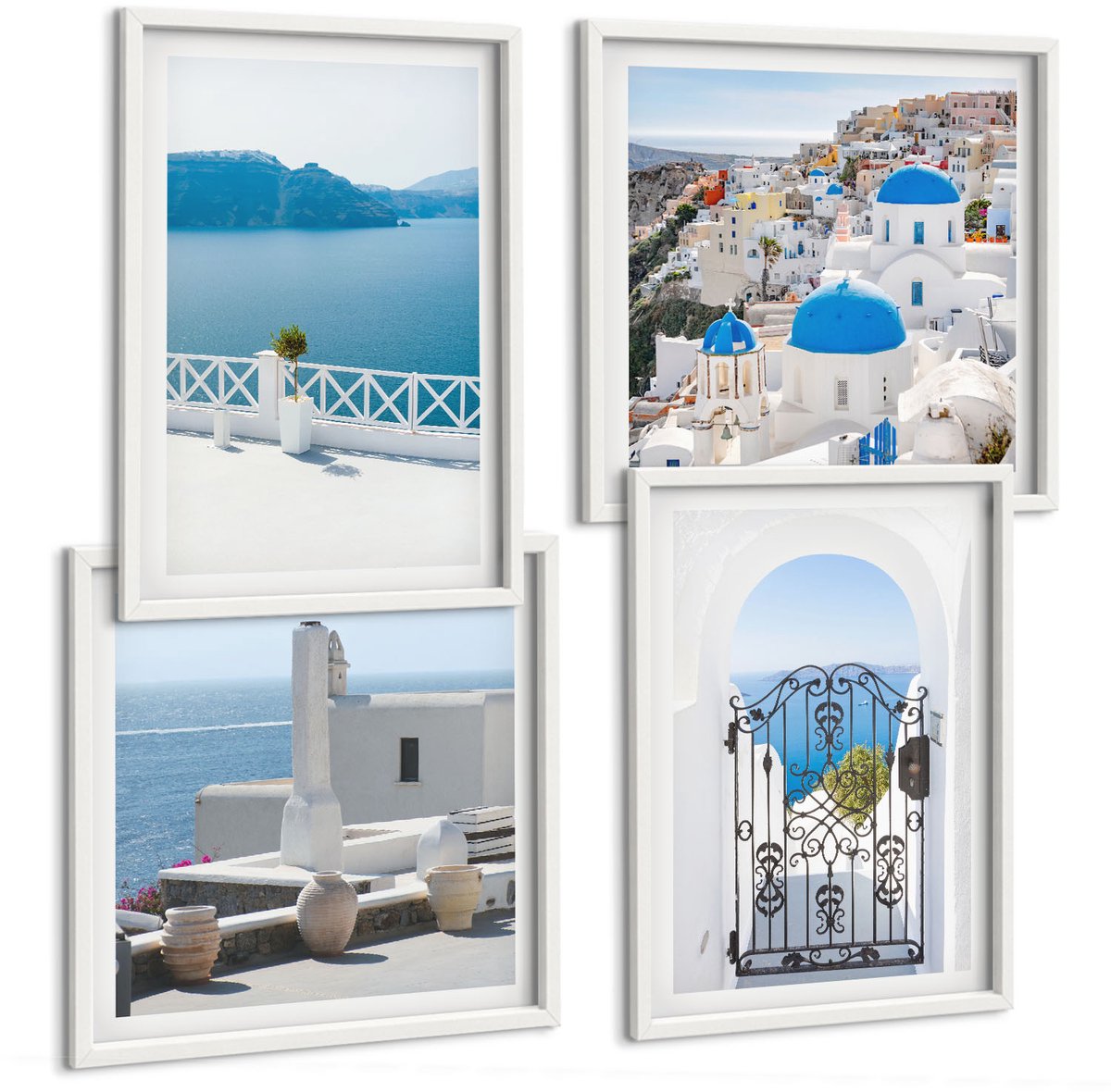 Coloray 4-Delige Schilderij Set - Zeezicht Met Witte Gebouwen In Griekenland - 40 x 40 En 40 x 60 - Decoratieve Schilderijen - Wanddecoratie - Hal - Muurdecoratie Witte lijst