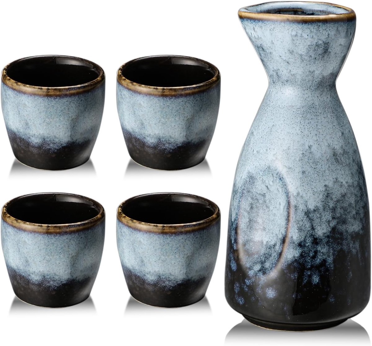 Sakeset met 1 pot 4 kopjes, 175 ml capaciteit, blauw, Japanse stijl