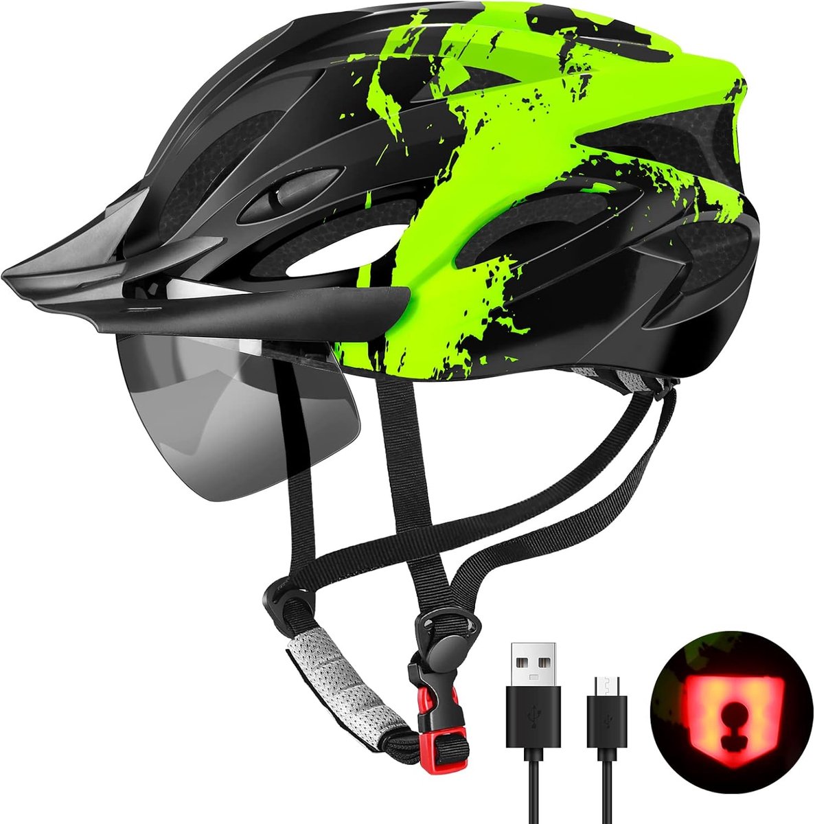 Fietshelm voor mannen en vrouwen, lichtgewicht fietshelm met LED-licht magnetische bril zonneklep, berg en weg fietshelmen voor volwassenen fietsen verstelbare 57-62cm