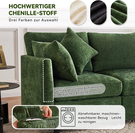 Close-up van de groene chenille stof van de bank, met informatie over materiaal en onderhoud.