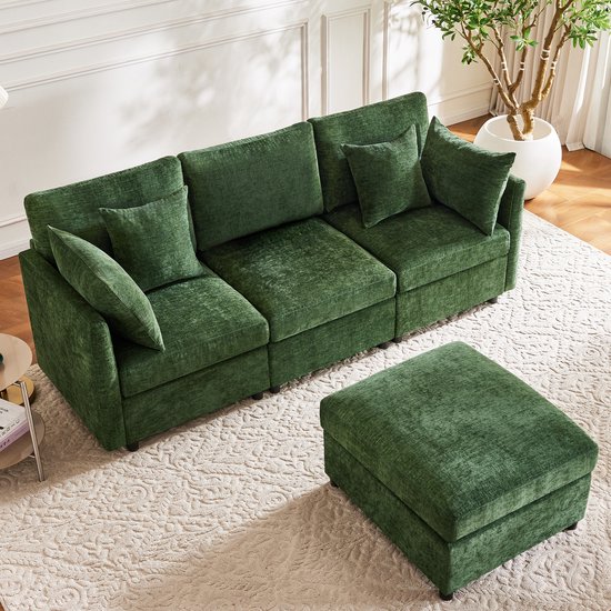 Groene modulaire bank met losse hocker, van bovenaf gezien.