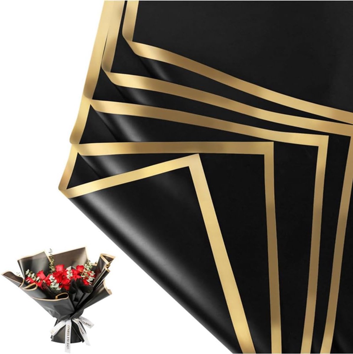 Allecto Plus - Luxe Bloemist Benodigdheden voor Boeketten | Goudrand Waterdicht Geschenkpapier | 20 Vellen Bloemenpatroon | Cadeauverpakking | 584 x 584 cm | Zwart en Goud Design