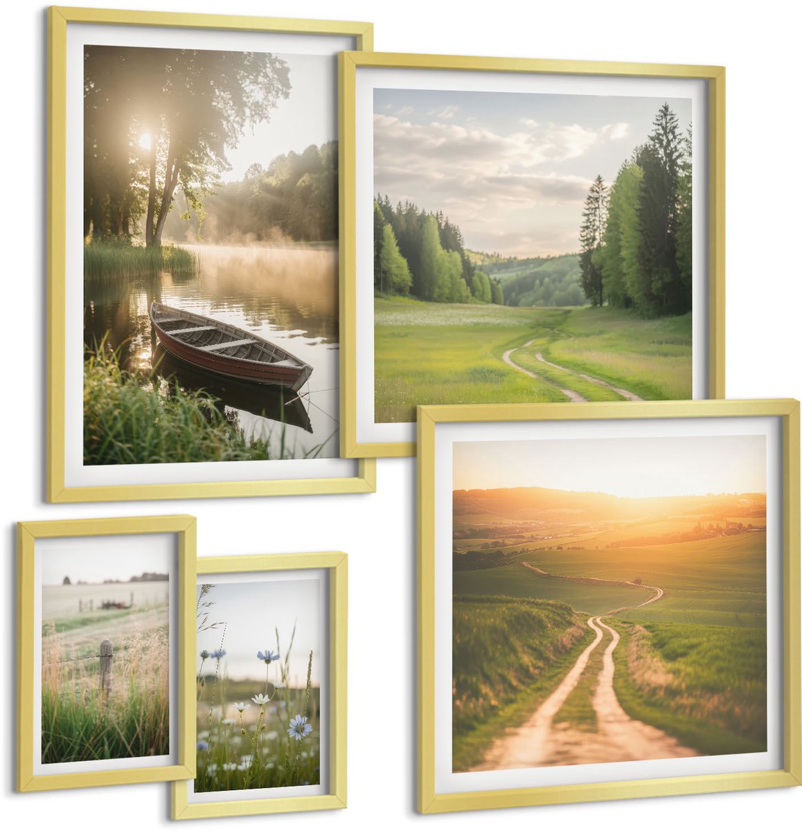 Coloray 5-Delige Schilderij Set - Rustgevende Natuurlandschappen Met Water En Groen. - 50 x 50 cm, 20 x 30 cm En 40 x 60 cm - Moderne Wanddecoratie - Woonkamer