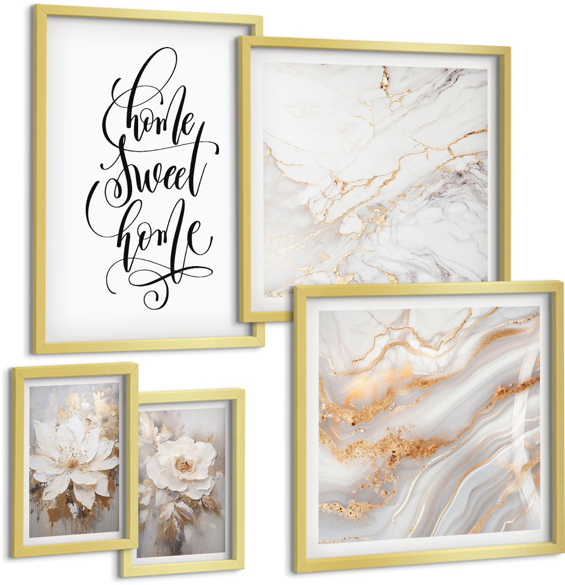 Coloray 5-Delige Schilderij Set - Stijlvolle Bloemen En Elegante Marmerpatronen Voor Interieurs - 50 x 50 cm, 20 x 30 cm En 40 x 60 cm - Muurdecoratie - Schilderijen Set - Woonkamer - Wanddecoratie