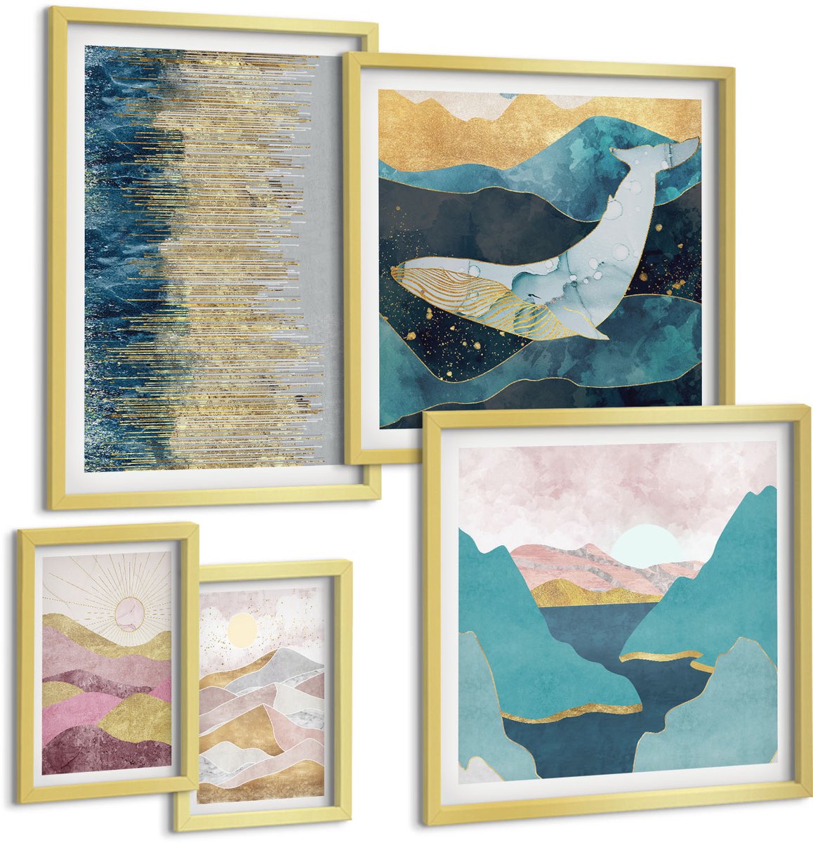 Coloray 5-Delige Schilderij Set - Abstracte Berg- En Zeegezichten In Een Moderne Stijl. - 50 x 50 cm, 20 x 30 cm En 40 x 60 cm - Schilderijen Set - Wanddecoratie - Woonkamer - Interieur Decoratie