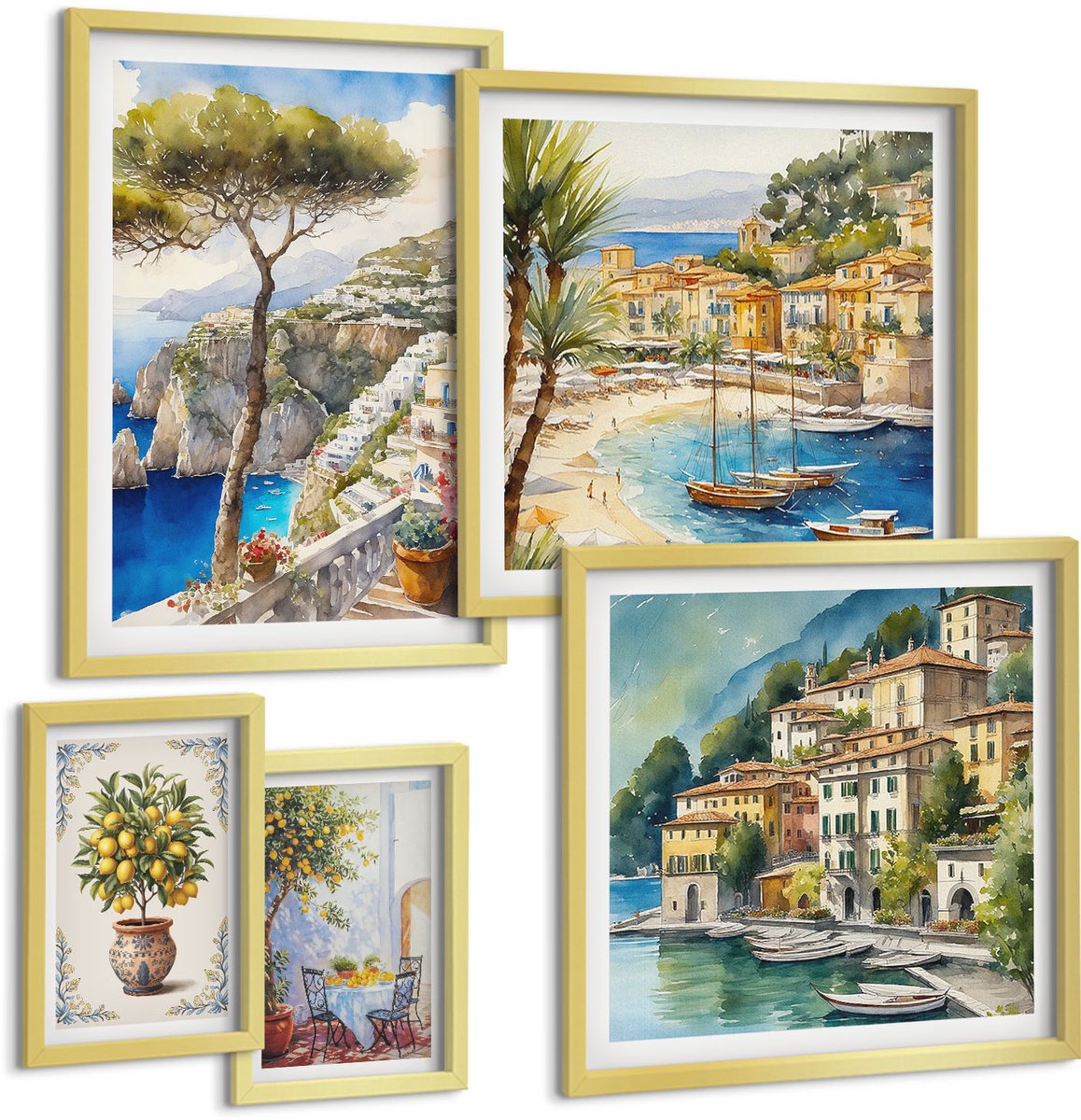 Coloray 5-Delige Schilderij Set - Stijlvolle Uitzichten Op Kustplaatsen En Italiaanse Landschappen - 50 x 50 cm, 20 x 30 cm En 40 x 60 cm - Wanddecoratie - Woonkamer Decoratie - Moderne Wanddecoratie