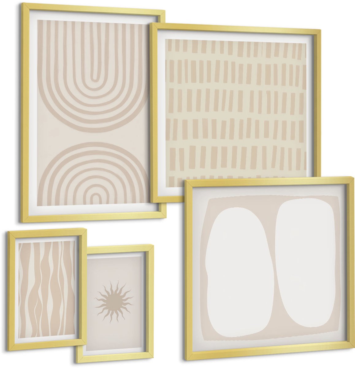 Coloray 5-Delige Schilderij Set - Stijlvolle Abstracte Vormen In Natuurlijke Tinten. - 50 x 50 cm, 20 x 30 cm En 40 x 60 cm - Muurdecoratie - Decoratieve Schilderijen - Wohnzimmer - Woonkamer Decoratie