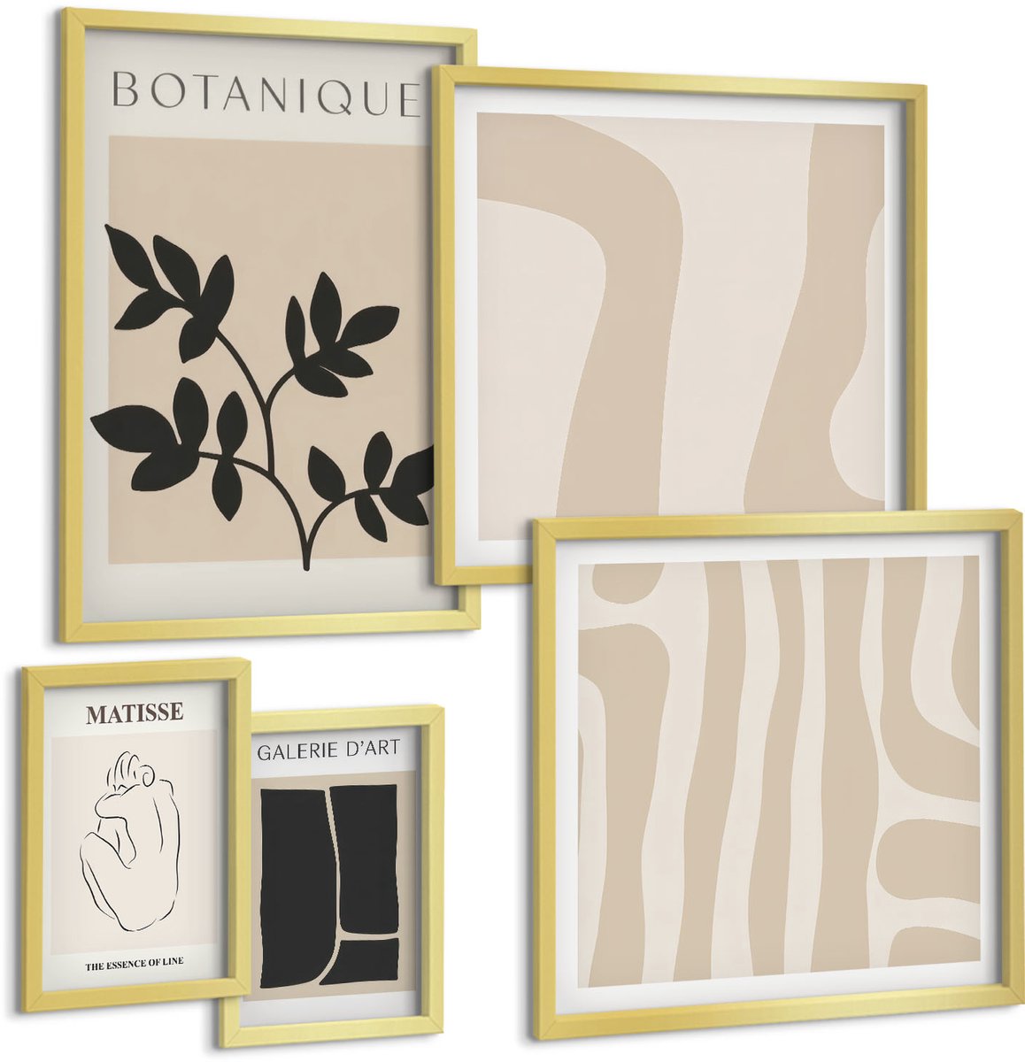 Coloray 5-Delige Schilderij Set - Stijlvolle Afbeeldingen Met Plantmotieven En Abstracte Vormen. - 50 x 50 cm, 20 x 30 cm En 40 x 60 cm - Wanddecoratie - Schilderijen Set - Interieur - Muurdecoratie
