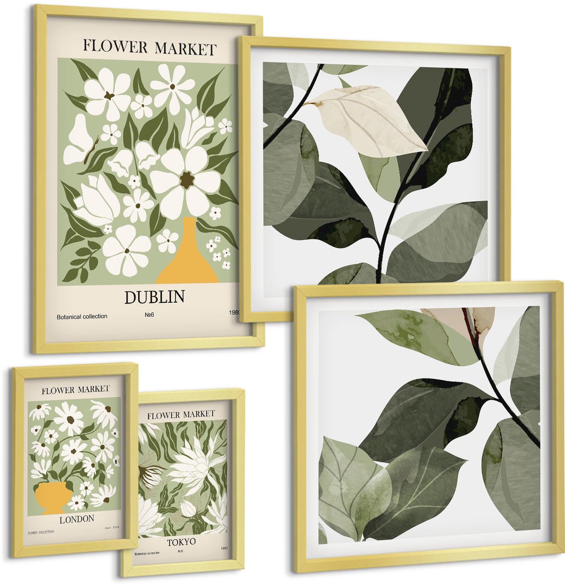 Coloray 5-Delige Schilderij Set - Bloemmotieven Van Markten In Londen, Dublin En Tokio - 50 x 50 cm, 20 x 30 cm En 40 x 60 cm - Muurdecoratie - Interieur Decoratie - Moderne Wanddecoratie