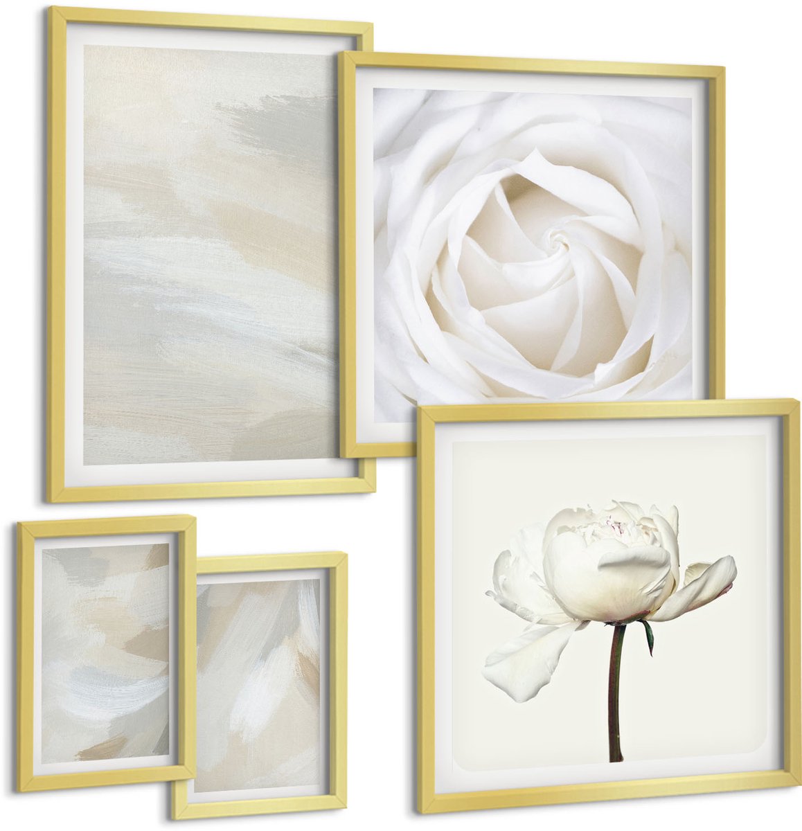 Coloray 5-Delige Schilderij Set - Bloemige Inspiratie In Delicate Witte Tinten - 50 x 50 cm, 20 x 30 cm En 40 x 60 cm - Decoratieve Schilderijen - Woonkamer - Interieur - Interieur Decoratie