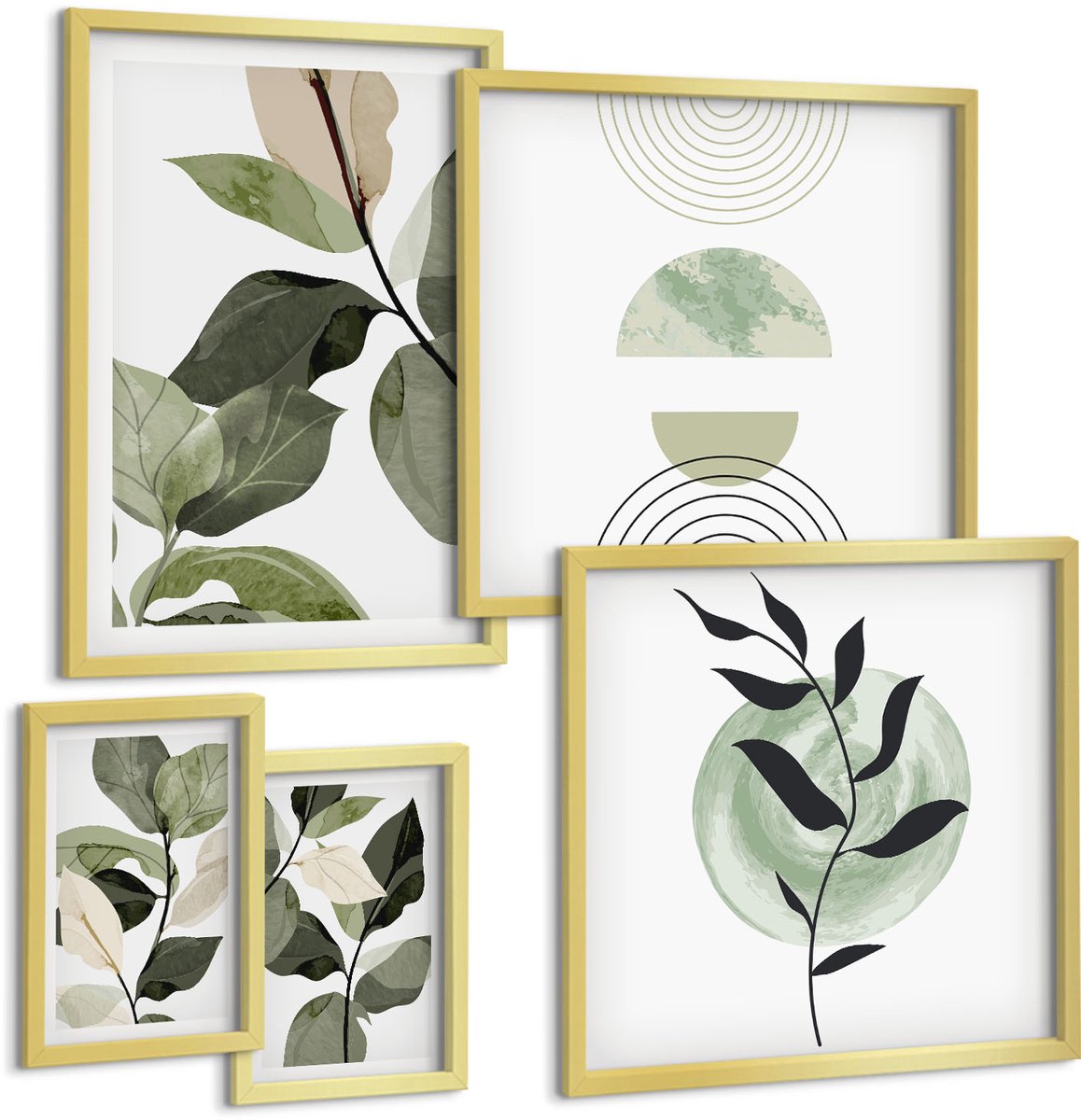 Coloray 5-Delige Schilderij Set - Plantenmotieven In Scandinavische Stijl Met Groen En Grafische Elementen. - 50 x 50 cm, 20 x 30 cm En 40 x 60 cm - Decoratieve Muurdecoratie - Slaapkamer - Interieur Decoratie