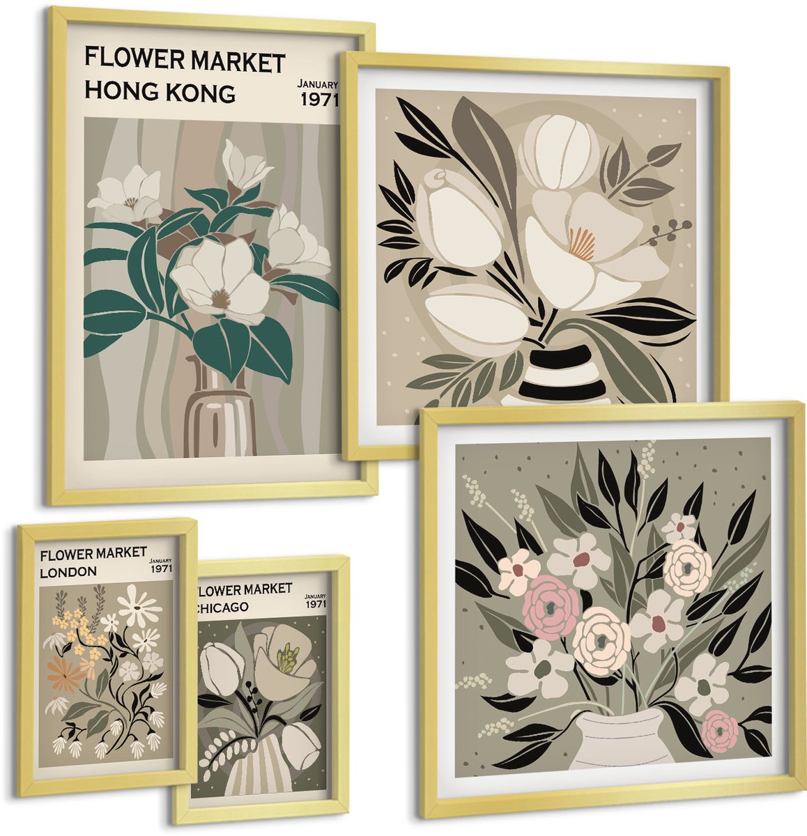 Coloray 5-Delige Schilderij Set - Bloemenbeurzen Uit Verschillende Steden In Retro- En Vintagestijl. - 50 x 50 cm, 20 x 30 cm En 40 x 60 cm - Decoratieve Schilderijen - Woonkamer - Interieur - Stijlvolle Muurdecoratie