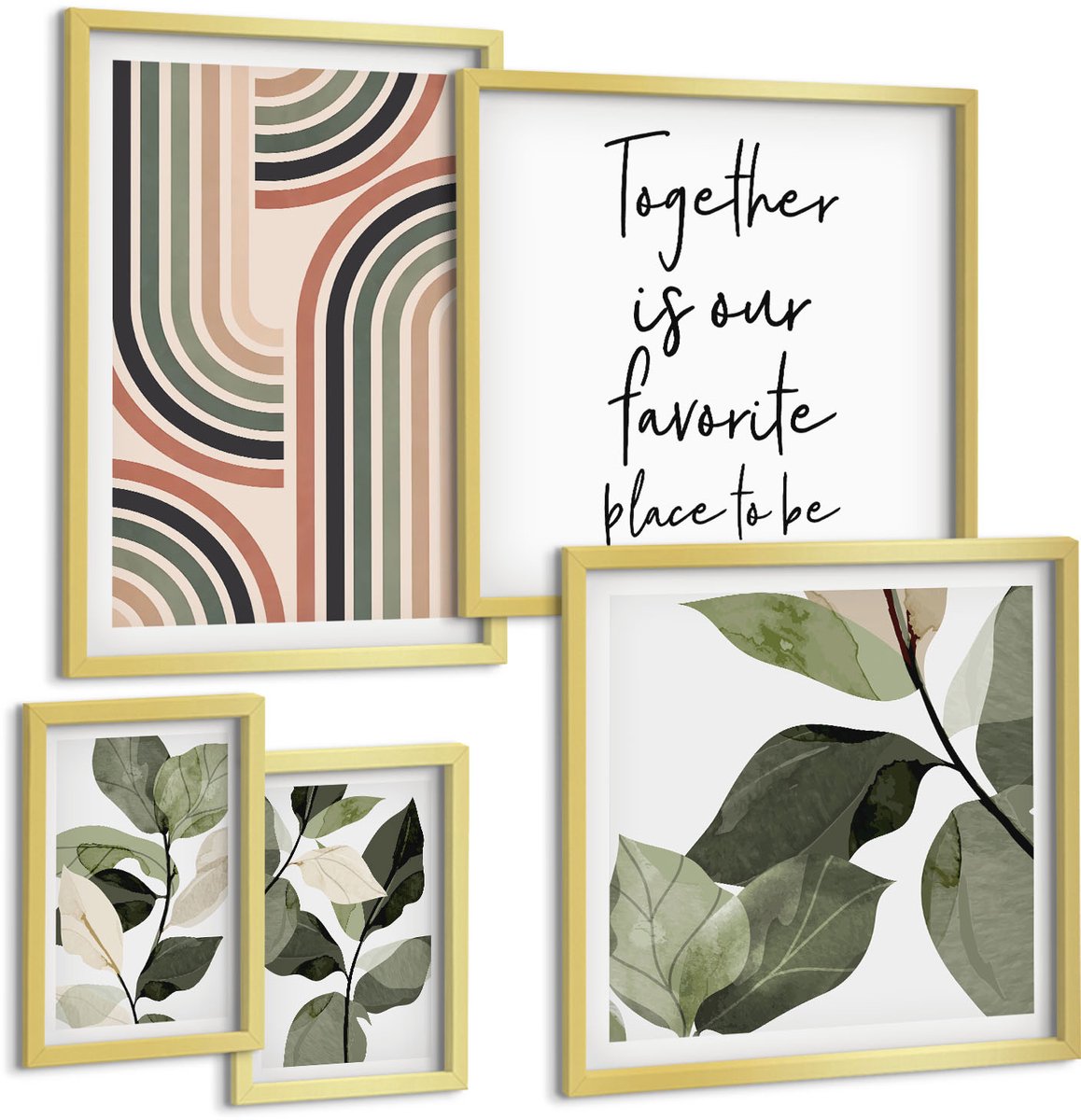 Coloray 5-Delige Schilderij Set - Stijlvolle Plantaccenten Met Geometrische Patronen - 50 x 50 cm, 20 x 30 cm En 40 x 60 cm - Moderne Wanddecoratie - Woonkamer - Decoratieve Schilderijen