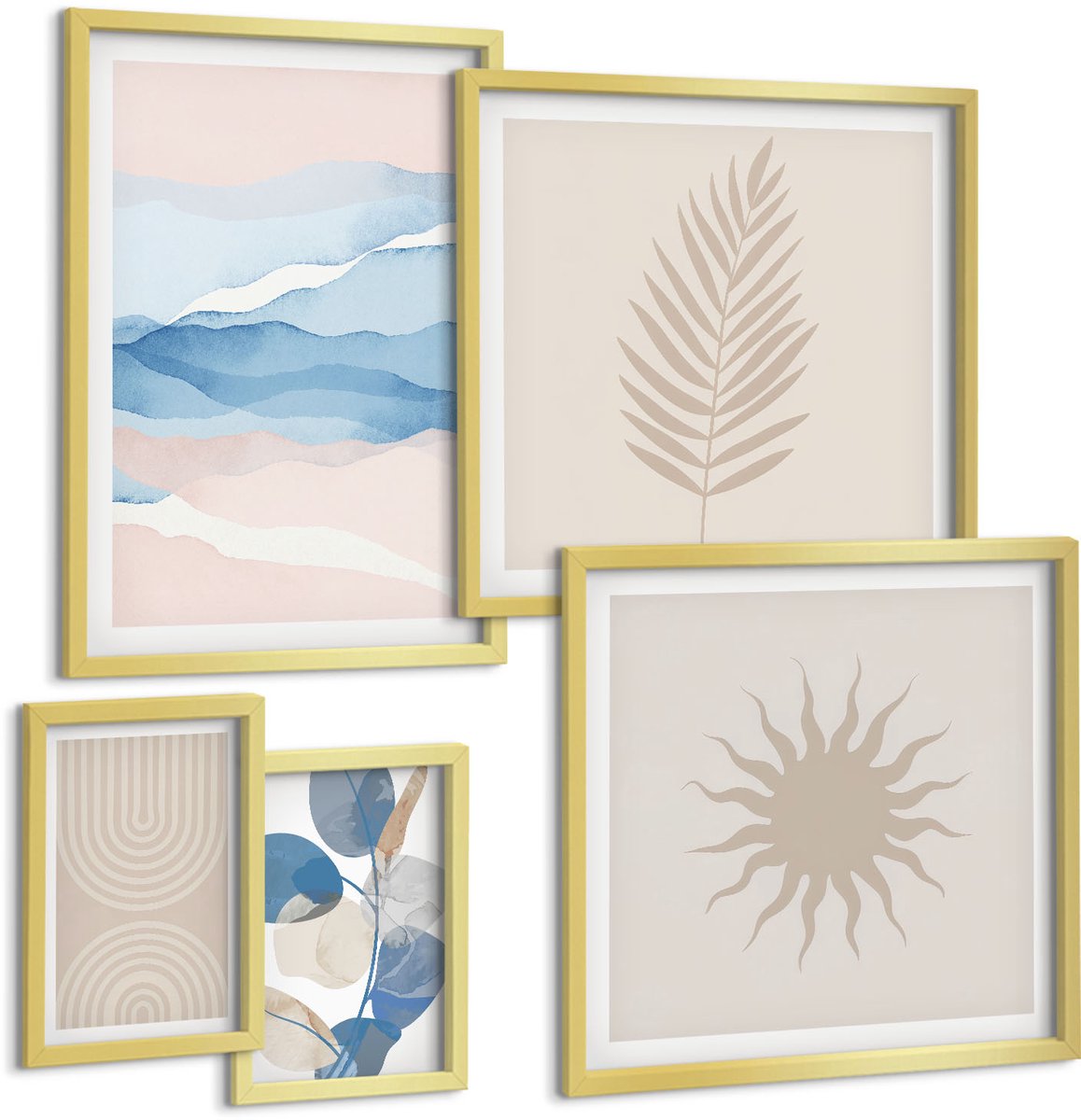 Coloray 5-Delige Schilderij Set - Abstracte Composities Met Plantmotieven En Golven - 50 x 50 cm, 20 x 30 cm En 40 x 60 cm - Moderne Wanddecoratie - Woonkamer