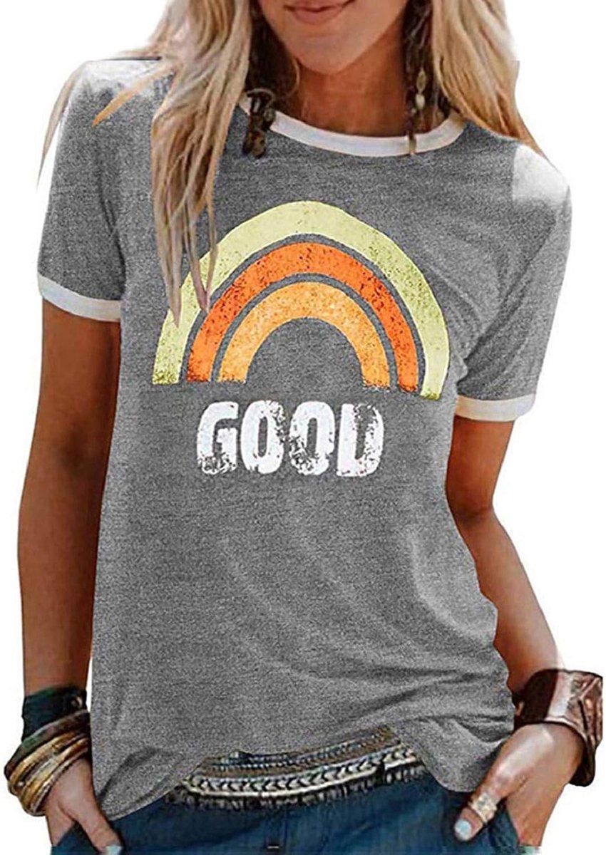 T-shirt voor dames, zomer, print, ronde hals, bovenstuk, zomer, met korte mouwen, casual hemd, top, blouse, G-lichtgrijs, M