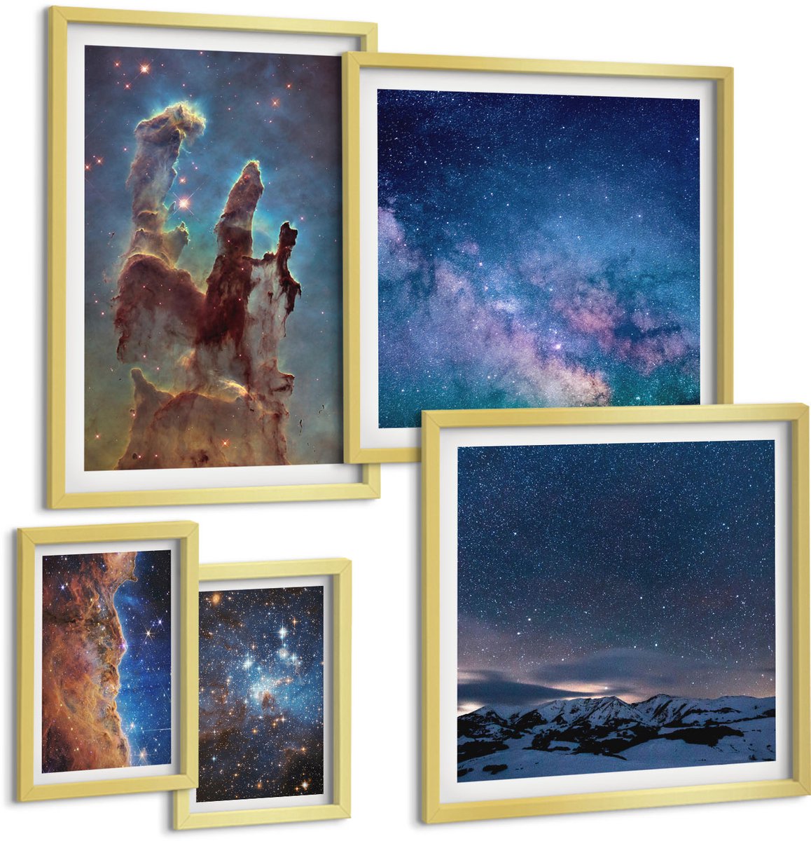 Coloray 5-Delige Schilderij Set - Kosmische Landschappen Van Sterrenstelsels En Nevels Aan De Nachtelijke Hemel - 50 x 50 cm, 20 x 30 cm En 40 x 60 cm - Muurdecoratie - Interieur Decoratie - Woonkamer Decoratie
