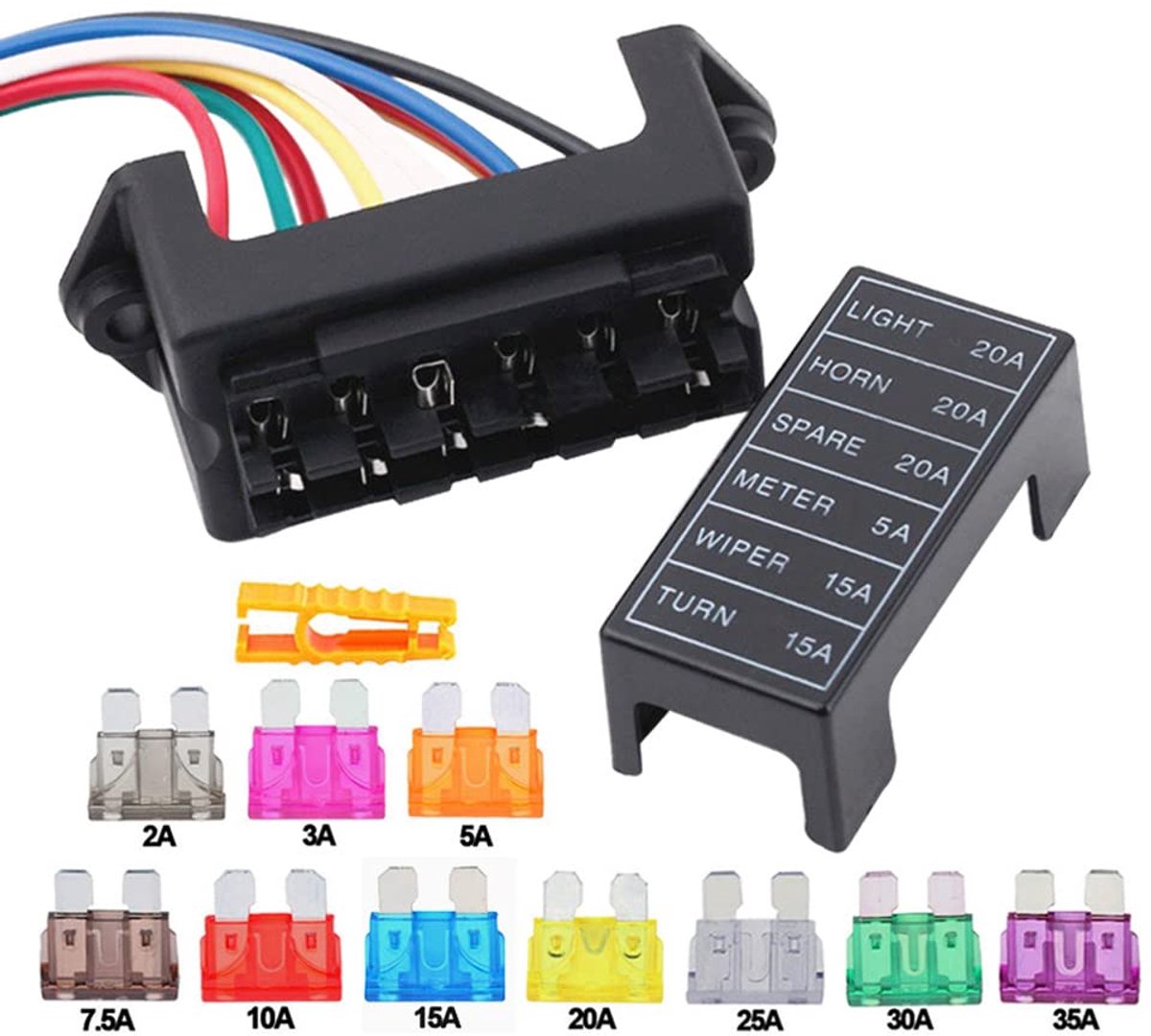Zekeringkast voor de auto, 6-voudig, 2 ingangen en 6 uitgangen, platte zekeringhouder, met voorbekabeld, en 10 stuks standaard platte zekeringen (12 V/24 V/32 V/48 V universeel)