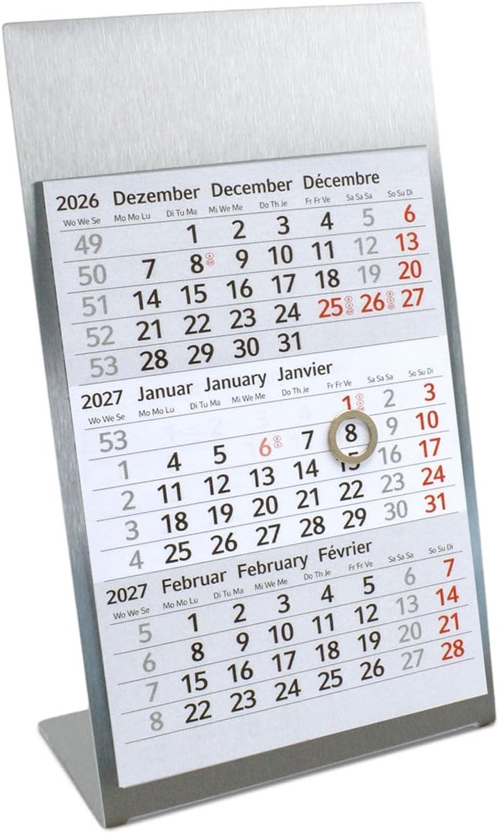 Bureaukalender RVS 2027/2028 Zilver Klein - tr093 | Magnetisch kalenderblok 3 maanden, meertalig D/GB/F, tweejarenplanner