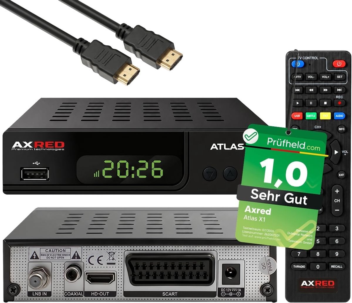 Satellietontvanger - Axred Atlas X1 - HDMI-kabel - HD Digitale Ontvanger met Opnamefunctie - Voor Satelliettelevisie